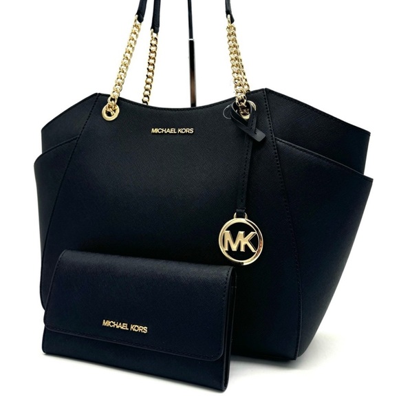Michael Kors JST Large Chain Shoulder Tote Bag & Trifold Wallet Black/Gold - Picture 1 of 12